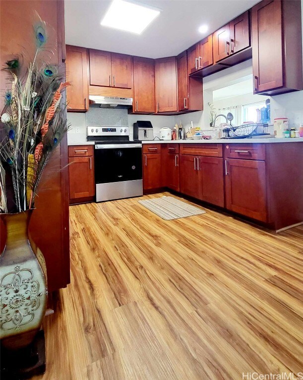 kitchen with light hardwood / wood-style floors, sink, and stainless steel electric range oven