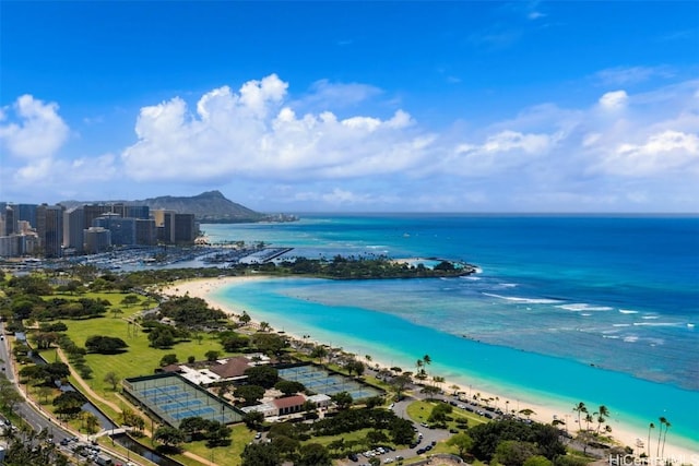 bird's eye view with a view of the beach and a water view