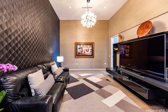 living room featuring an inviting chandelier