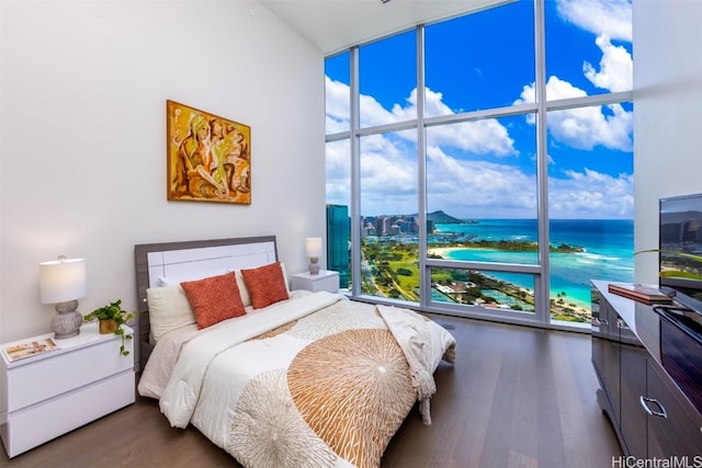 bedroom with expansive windows and dark wood-type flooring