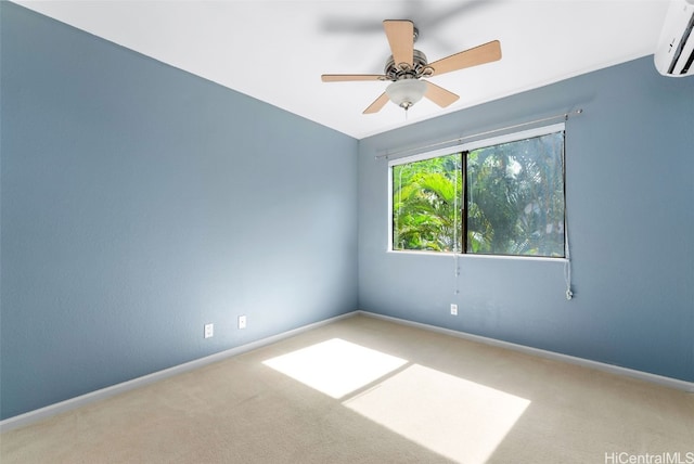 carpeted empty room with a wall mounted air conditioner and ceiling fan