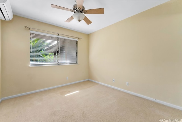 carpeted empty room with ceiling fan and a wall mounted air conditioner