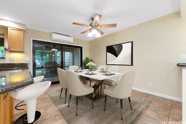 dining space with a wall unit AC and ceiling fan