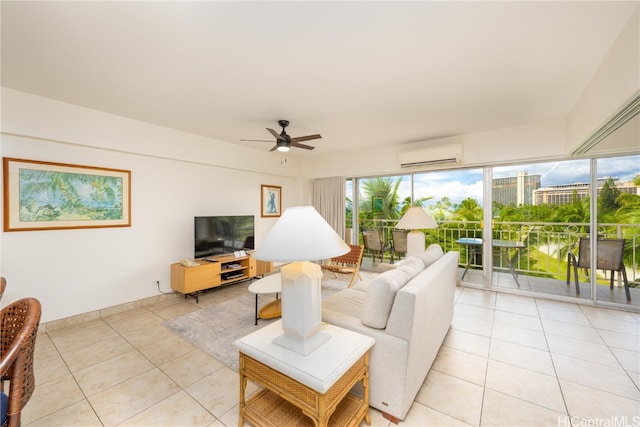 tiled living room featuring an AC wall unit and ceiling fan