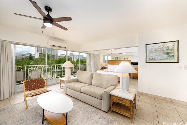 tiled bedroom featuring multiple windows, access to exterior, an AC wall unit, and ceiling fan