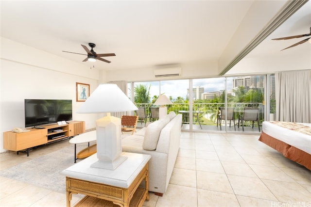 tiled living room featuring a wall mounted air conditioner and ceiling fan