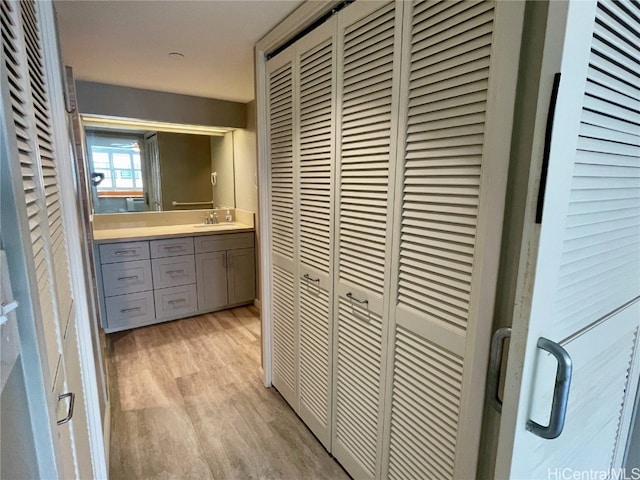 bathroom featuring vanity and hardwood / wood-style flooring