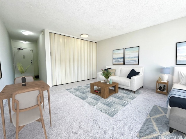 living room featuring a textured ceiling and light colored carpet