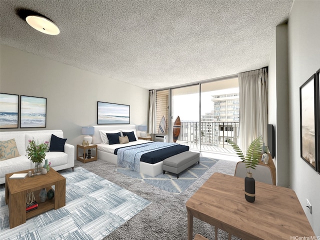 bedroom featuring a wall of windows, a textured ceiling, carpet, and access to outside
