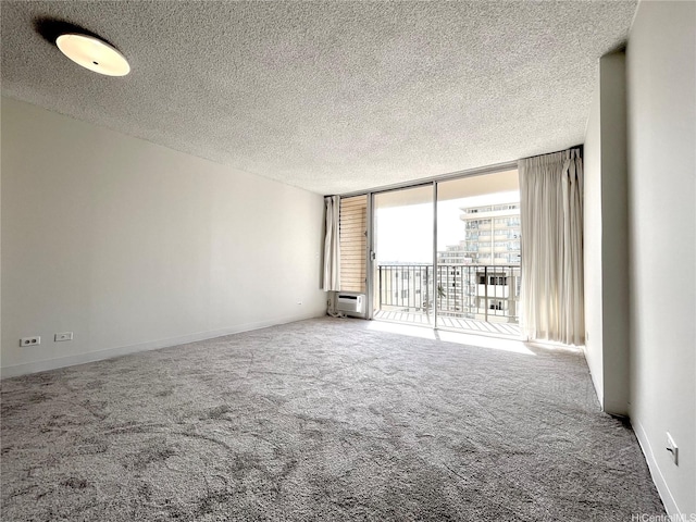 carpeted empty room featuring a textured ceiling, expansive windows, and baseboards