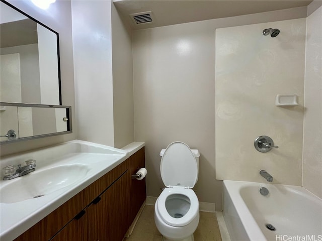 full bathroom featuring vanity, toilet, tile patterned flooring, and shower / bathtub combination