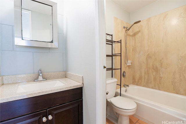 full bathroom with vanity, tiled shower / bath combo, toilet, and tile patterned flooring