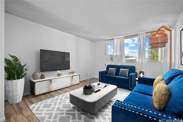 living room featuring a textured ceiling and hardwood / wood-style flooring