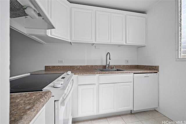 kitchen with ventilation hood, sink, white cabinetry, and white appliances