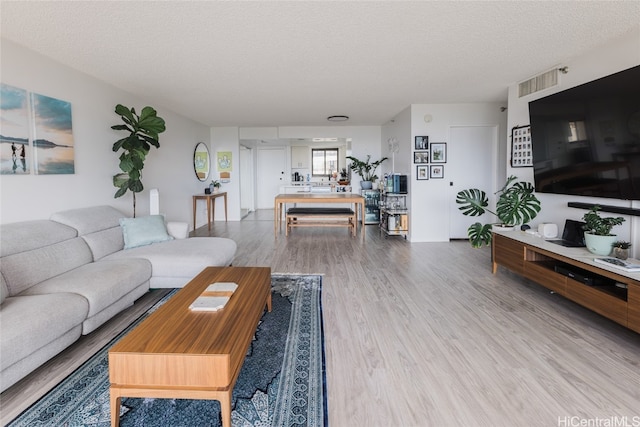 living room featuring a textured ceiling and hardwood / wood-style flooring