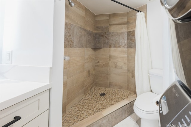 bathroom featuring vanity, toilet, and a shower with curtain