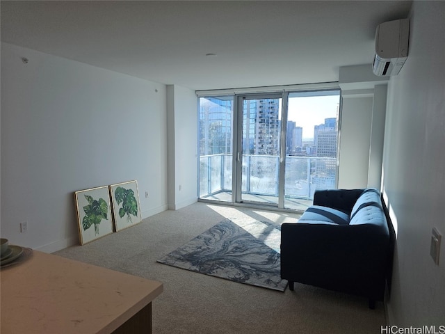 living room with floor to ceiling windows, light carpet, and a wall mounted AC