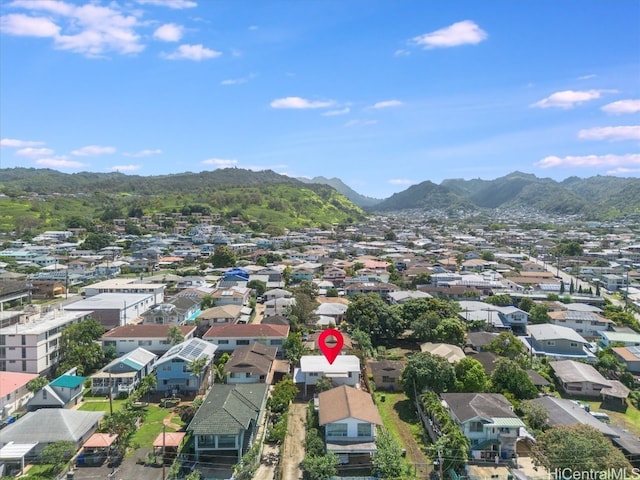 drone / aerial view featuring a mountain view