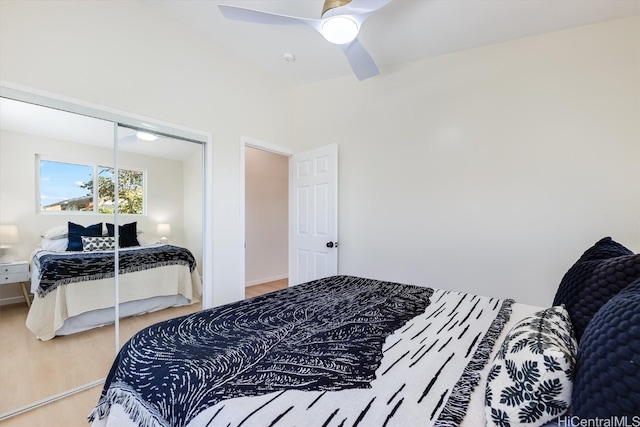 bedroom with a closet, ceiling fan, and wood-type flooring