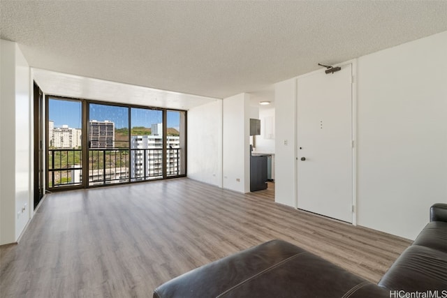 living room with a textured ceiling and hardwood / wood-style floors