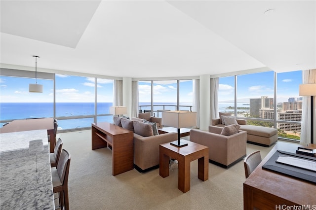 carpeted living room with floor to ceiling windows and a water view