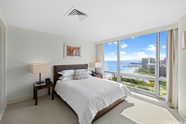 bedroom featuring a water view, light colored carpet, and a beach view