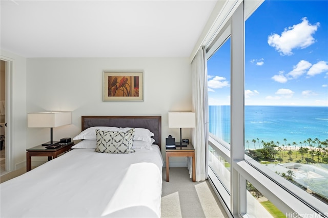 bedroom with a water view and light carpet