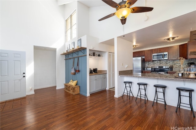 kitchen featuring dark wood-type flooring, kitchen peninsula, stainless steel appliances, dark stone counters, and a towering ceiling