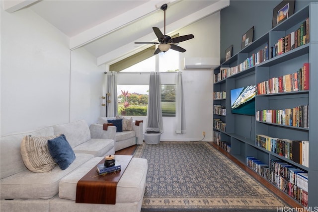 sitting room featuring vaulted ceiling with beams, a wall mounted air conditioner, and ceiling fan