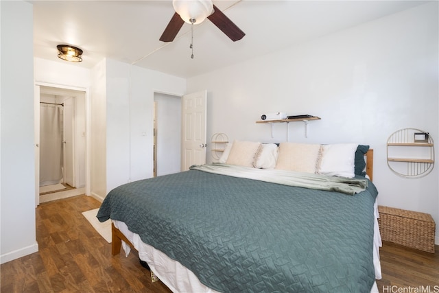 bedroom featuring dark wood-type flooring and ceiling fan