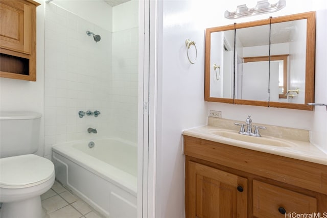 full bathroom with toilet, tiled shower / bath combo, vanity, and tile patterned flooring