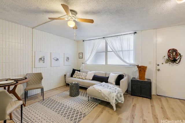 living room with tile walls, a textured ceiling, light hardwood / wood-style floors, and ceiling fan