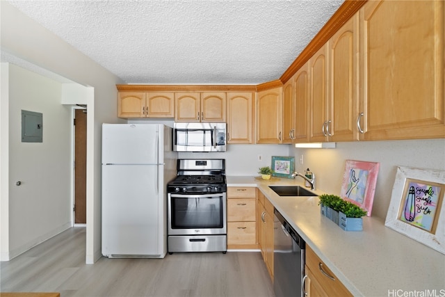 kitchen with light hardwood / wood-style floors, stainless steel appliances, sink, and light brown cabinetry