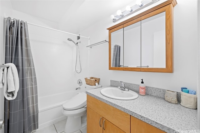 full bathroom featuring vanity, toilet, shower / bathtub combination with curtain, and tile patterned flooring