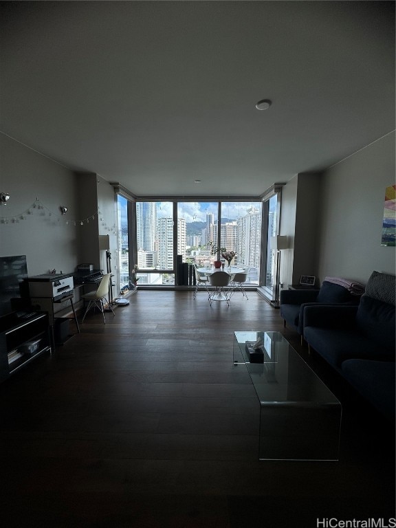 living room featuring wood-type flooring and expansive windows