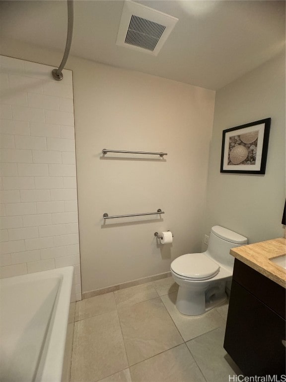 full bathroom featuring vanity, bathing tub / shower combination, toilet, and tile patterned flooring