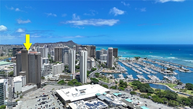 drone / aerial view with a water view