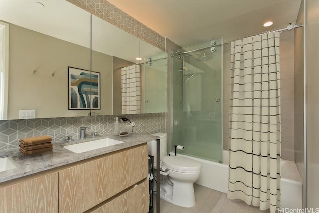 full bathroom with tile patterned floors, shower / bath combination with curtain, toilet, decorative backsplash, and vanity