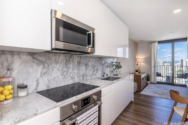 kitchen with appliances with stainless steel finishes, white cabinetry, sink, dark hardwood / wood-style floors, and light stone counters