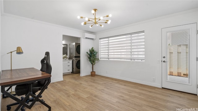 office featuring light hardwood / wood-style floors, a wall mounted AC, a chandelier, stacked washer / dryer, and ornamental molding