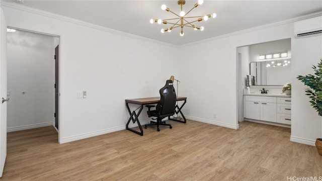 office area featuring ornamental molding, a wall mounted AC, sink, an inviting chandelier, and light hardwood / wood-style flooring