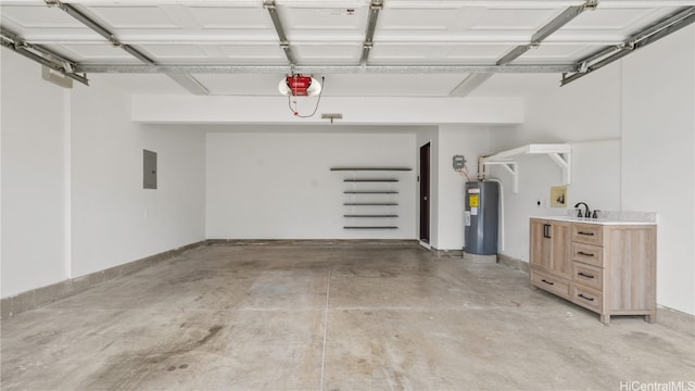 garage featuring electric panel, water heater, sink, and a garage door opener