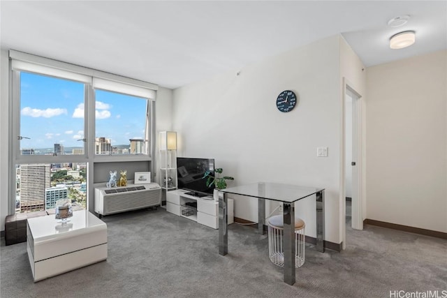 carpeted living room with floor to ceiling windows