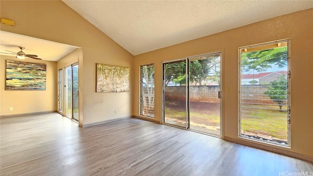 unfurnished room featuring lofted ceiling, a wealth of natural light, a textured ceiling, and light wood-type flooring