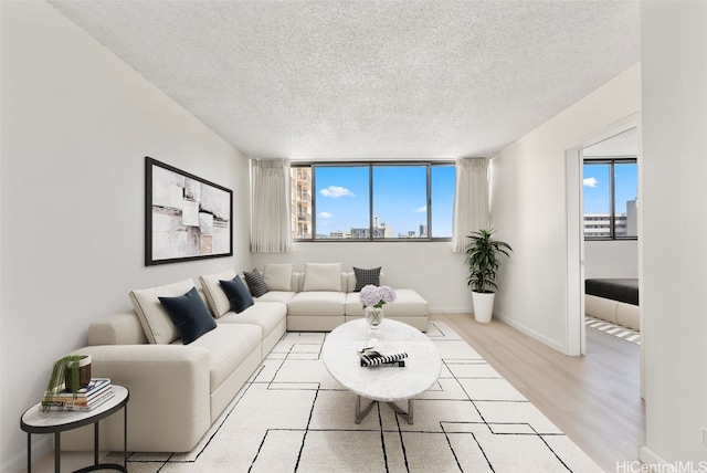 living room featuring a wealth of natural light, a textured ceiling, and light hardwood / wood-style floors