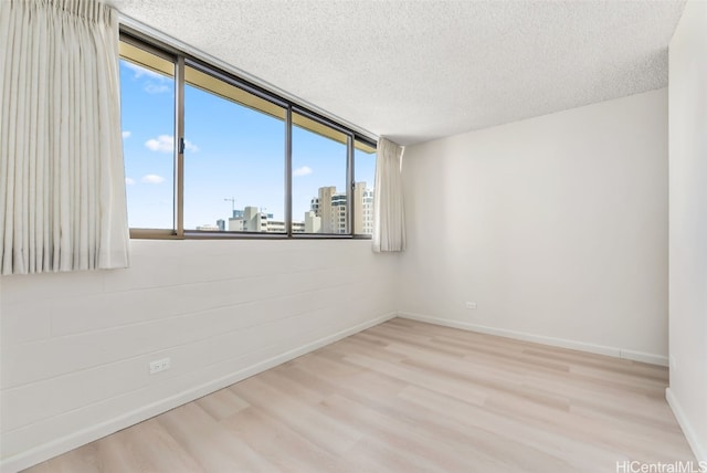 spare room featuring expansive windows, a textured ceiling, and light wood-type flooring