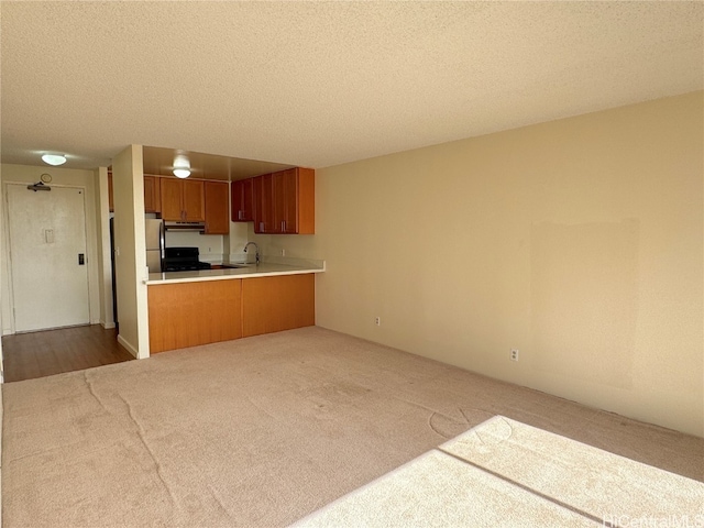 kitchen with light carpet, kitchen peninsula, stainless steel fridge, black gas range, and sink