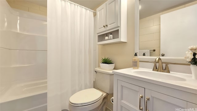 full bathroom with vanity, toilet, and shower / bathtub combination with curtain