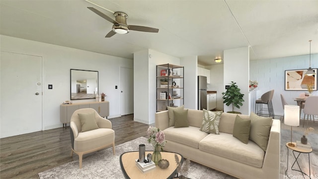 living area with dark wood finished floors and a ceiling fan