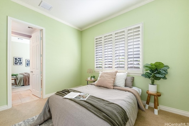 bedroom featuring light carpet and ornamental molding